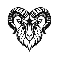 Ram head illustration, mountain goat logo, wild animal emblem, horned beast design, tribal goat art symbol	