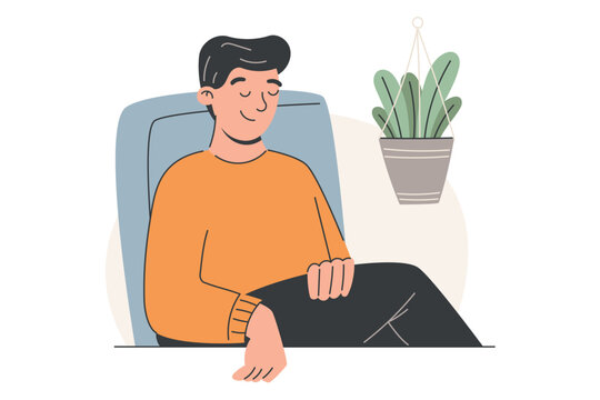 Vector flat isolated illustration of a young man relaxing in an armchair. Minimal interior with indoor plant. Perfect for concepts of rest, mindfulness, daily routine, and modern lifestyle visuals.