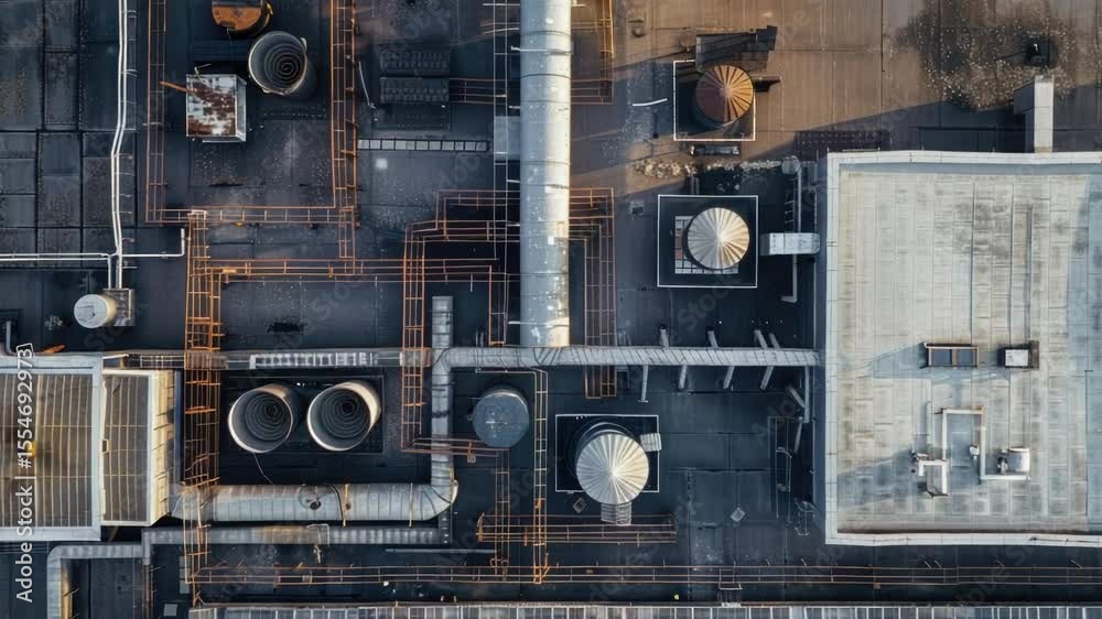 Poster aerial view of a industrial factory with pipes and machinery, suitable for use in industry-related c