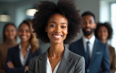 Portrait of a confident black businesswoman with all african american team in the background, Generative AI. High quality