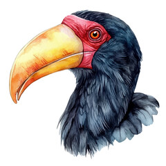 Hornbill Close Up, watercolor vector, isolated on a white background.