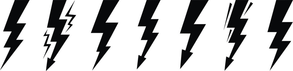 Graphic illustration displaying a set of seven different black thunderbolts symbols on a clean, white background, striking and bold.