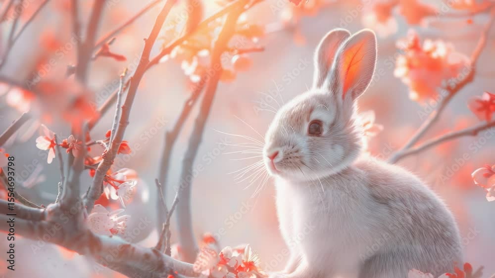 Poster a white rabbit sits atop a tree branch, enjoying the view