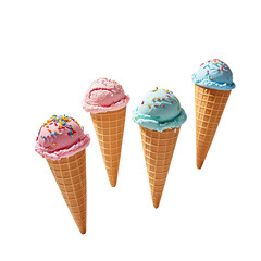 Artistic Arrangement Of Ice Cream Cones Laying Flat On White Background, Generative AI