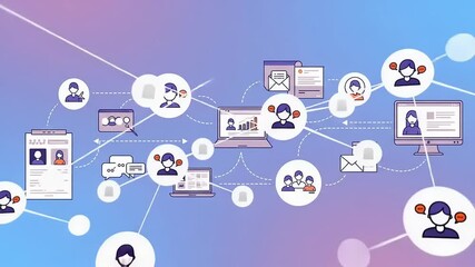 Digital networking illustration showing interconnected users, devices, and communication tools in a vibrant setting
