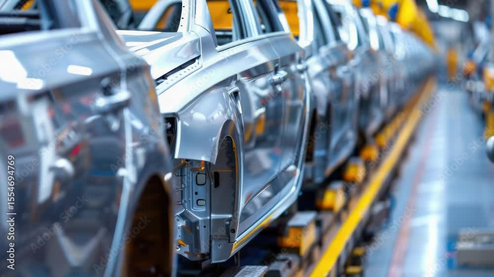 Poster cars being manufactured on an assembly line in a factory setting