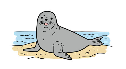 Vector Hand Drawn Doodle of Fur Seal – Outline Illustration of Smiling Gray Seal Lying on Beach