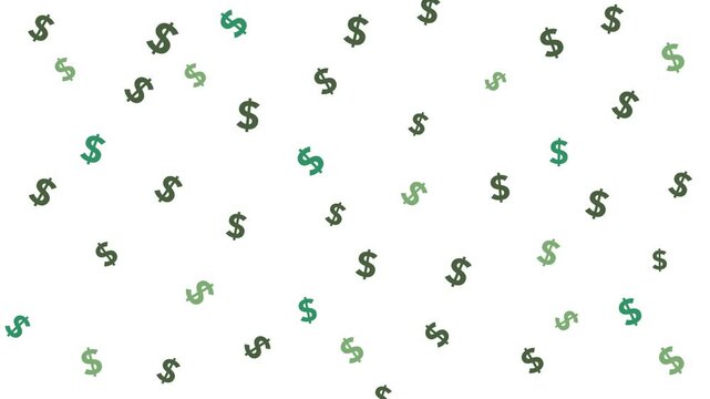 Assorted green USD symbol pattern animation on a white background. The symbols gently rotate and subtly scale in and out randomly at intervals. Representing commerce, growth, and investment.