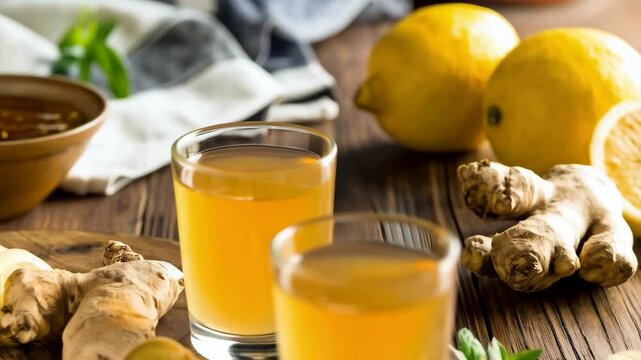 Fresh ginger and lemon drink in glass with ginger root and lemons on wooden table, wellness concept