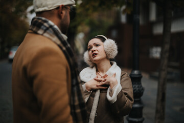 A couple shares an intimate moment during their winter walk, surrounded by nature. Both wear cozy clothing, creating a warm and friendly atmosphere.