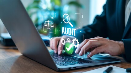 Person working on audit with a laptop representing financial and legal compliance