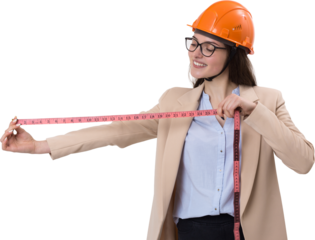 Girl engineer in an orange construction helmet with a measuring tape in her hands on a white background.