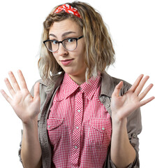Portrait of a beautiful girl in a red plaid shirt, looks aside with pensive expression, is...