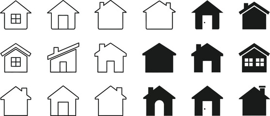 Fototapeta premium Line art designs showcase house icons in outline and solid styles, creating a versatile set for various design needs.