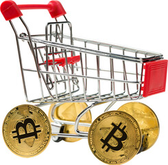 Grocery cart with Bitcoin wheels. The concept of technological breakthrough, online shopping.