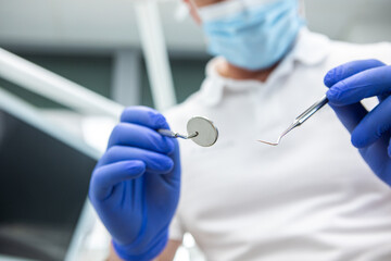 surgical or dental instruments ready for use on the patient in the clinic.