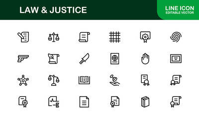 Law and Justice Line Icon Set – Modern, Professional Thin Outline Icons for Legal System, Court, Criminal Justice, Police, Crime, and Investigation