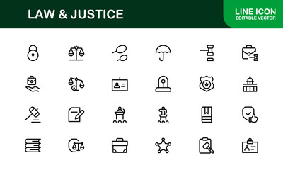 Law and Justice Line Icon Set – Modern, Professional Thin Outline Icons for Legal System, Court, Criminal Justice, Police, Crime, and Investigation
