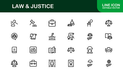 Law and Justice Line Icon Set – Modern, Professional Thin Outline Icons for Legal System, Court, Criminal Justice, Police, Crime, and Investigation