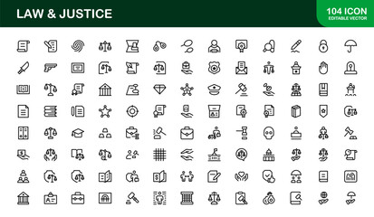 Law and Justice Line Icon Set &ndash; Modern, Professional Thin Outline Icons for Legal System, Court, Criminal Justice, Police, Crime, and Investigation