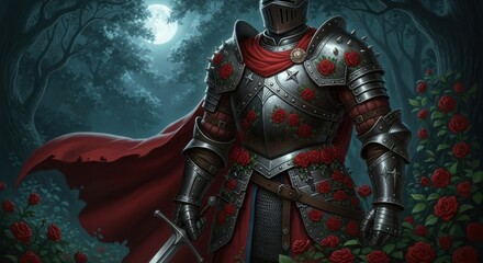 Naklejka premium A Valiant Knight in Ornate Rose Armor Standing Proudly in a Moonlit Forest