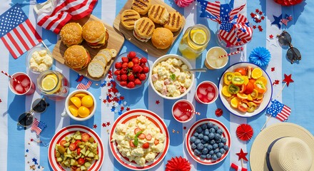 Festive Outdoor Picnic with Patriotic Decorations and Summer Food Selection