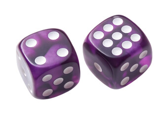 Purple dice showing four and five isolated on a transparent background translucent