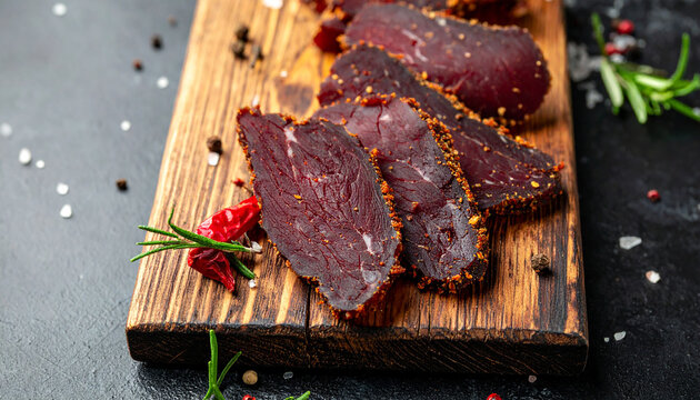 Beef biltong slices and spices. Tasty food. Delicious snack.