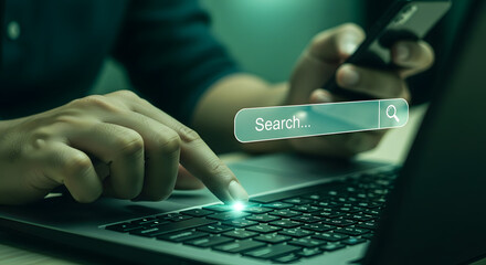 Businessman using laptop with holographic search bar and phone, representing online research and digital information access.