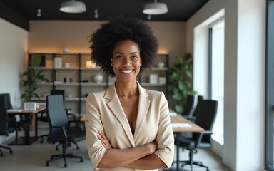 Smiling confident african business female leader looking at camera and standing in an office at team meeting smiling adult smile. High quality