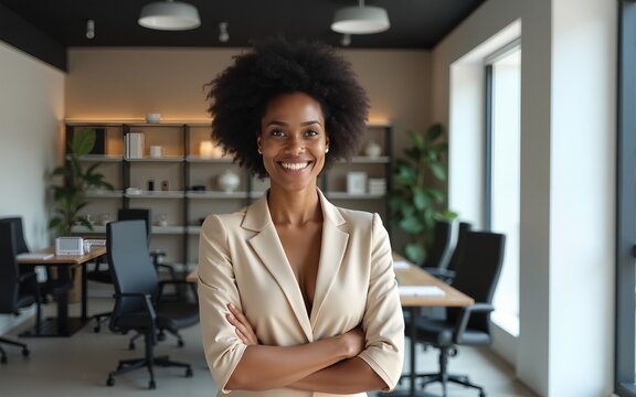 Smiling confident african business female leader looking at camera and standing in an office at team meeting smiling adult smile. High quality