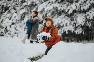 Cheerful friends bonding and having active fun outdoors during winter in a snowy woodland setting,...