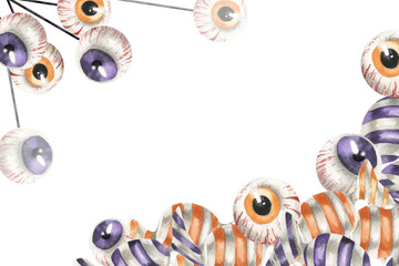 Halloween sweet banner template with kid's favorite caramel,lollipops and candies eyes in purple and orange colors.Watercolor isolated clipart for October night trick or treat party design