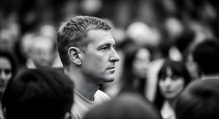 Man with short graying hair profile view amidst blurred crowd grayscale photograph thoughtful expression