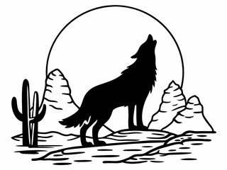 Vibrant Coyote Icon Howling At Full Moon Desert Night Sce Line Art Design
