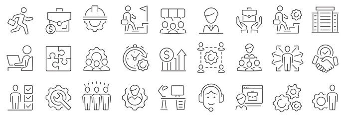 Work icon set. Business teamwork. Job, career, employment, meeting, organisation, teamwork, team building, work group, human resources and more. Vector illustration.