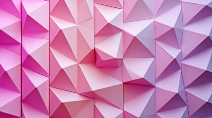 Fototapeta premium Abstract geometric pattern of overlapping triangles in varying shades of pink.