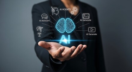 Person in black blazer presenting glowing blue A I brain concept with A I agents A I assistant A I generate text