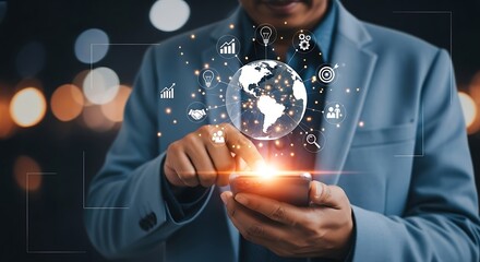 Person in Blue Blazer Using Smartphone Global Network Connections Business Ideas Teamwork Data Analytics