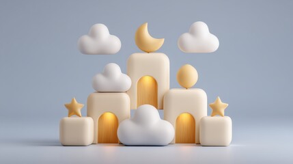 Creative partnership recognition building objectives through playful cloud-like structures in soft pastel environment