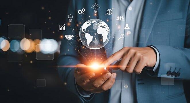 Person in blue blazer using smartphone glowing with digital global network icons lightbulb target graph handshake