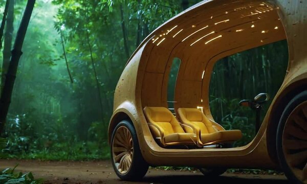 A futuristic, yellow, self-driving car parked on a forested road. The car's open design reveals comfortable seating and a panoramic window for passengers to enjoy the surroundings.