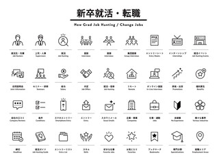 就活・新卒採用・転職のアイコンのセット　就職活動　求人情報　求人サイト　面接　説明会　就活生　人事