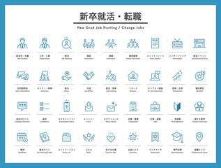 就活・新卒採用・転職のアイコンのセット　就職活動　求人情報　求人サイト　面接　説明会　就活生　人事