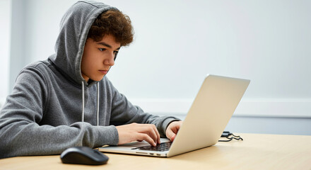 Young male student wearing a gray hoodie is focused on typing on a laptop at a wooden desk, showcasing concentration and engagement in digital learning activities