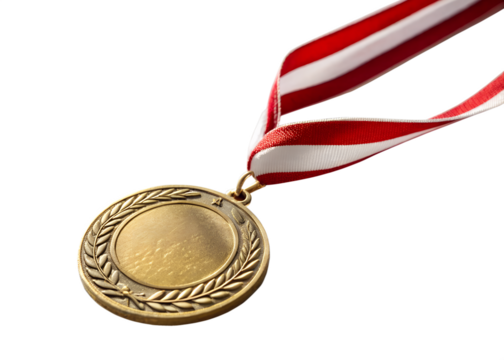 Gold medal with red and white striped ribbon isolated on transparent background