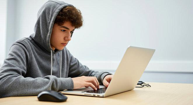 Young male student wearing a gray hoodie is focused on typing on a laptop at a wooden desk, showcasing concentration and engagement in digital learning activities