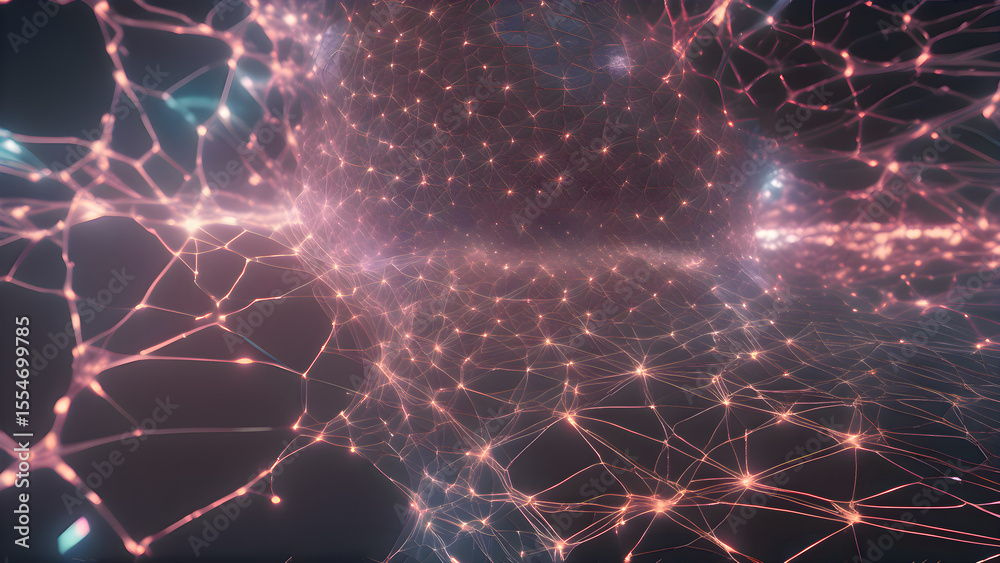 Poster computer generated image of a network of neurons, shown with digital effects and glowing elements in