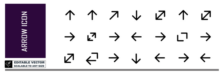 Collection of twenty one black arrow icons pointing to the left on a white background display