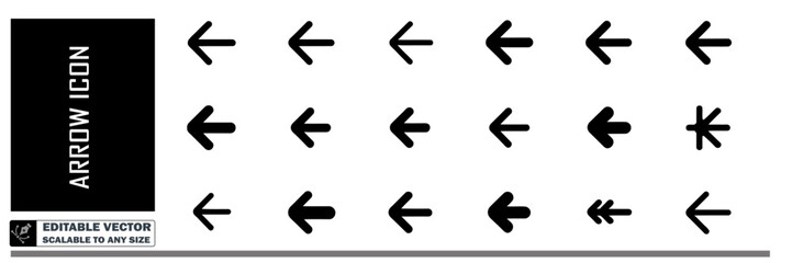 Collection of twenty one black arrow icons pointing to the left on a white background display